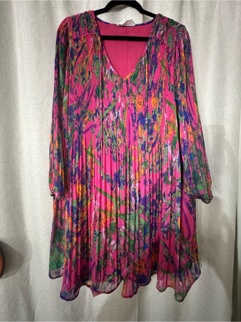 Impressions Hot Pink Multicolor Floral Pleated Long-Sleeve Dress